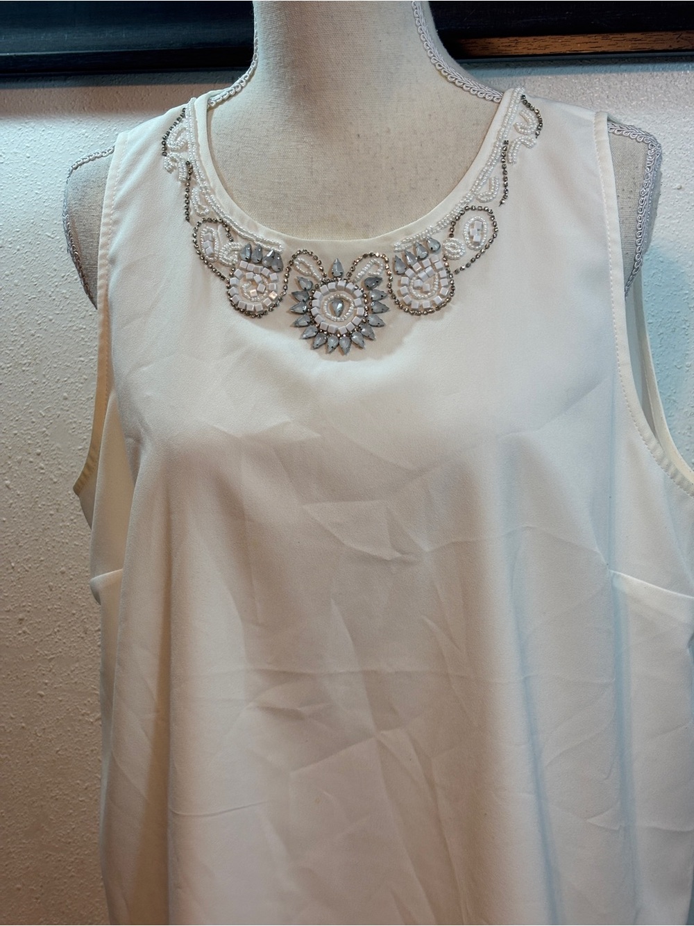 Lila Rose Cream Sleeveless Top with Beaded Neckline